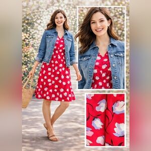 Talbots Petite Red Floral Smocked Waist Ruffle Hem Midi Dress, Size 2P